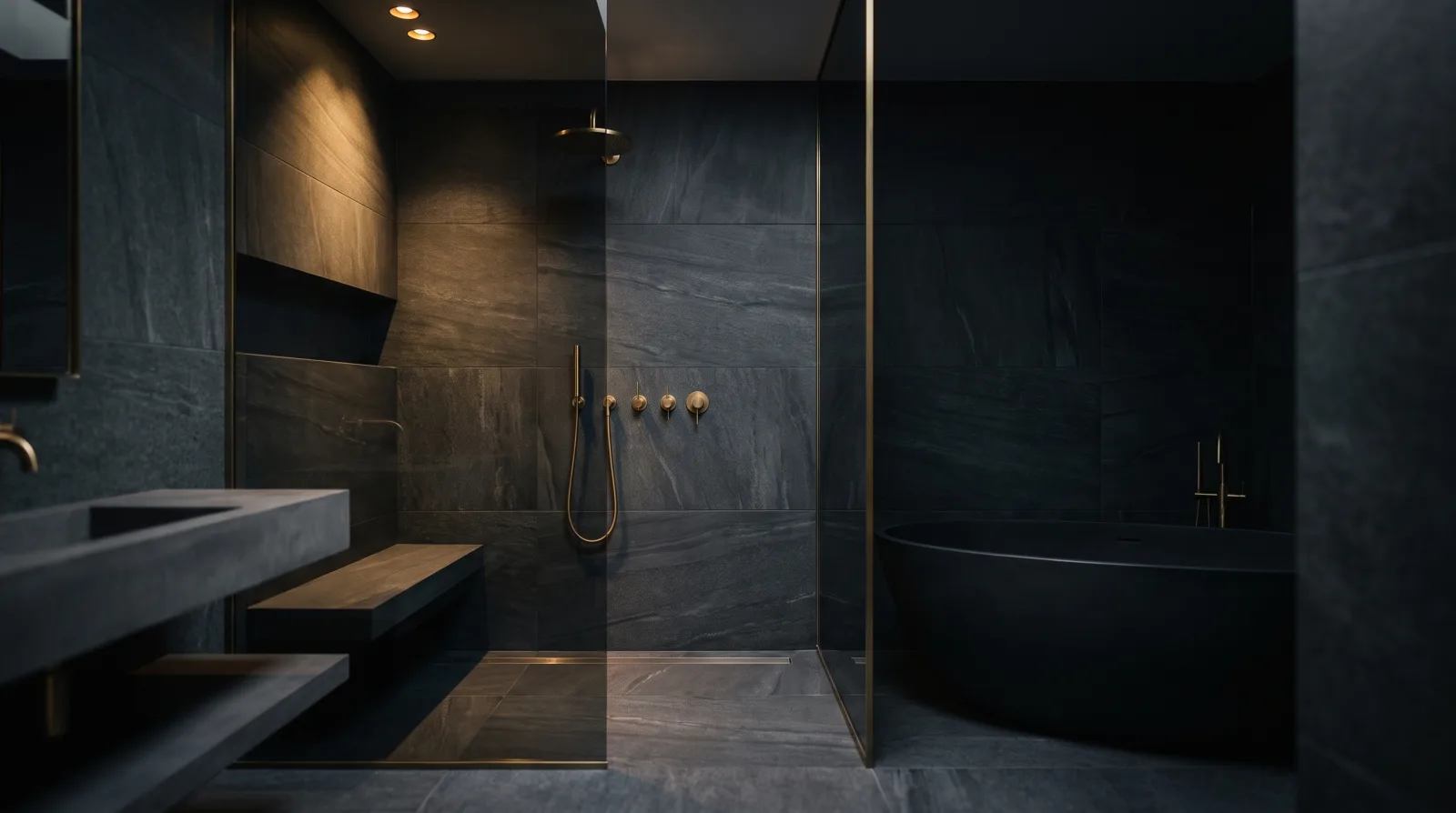 A newly renovated modern bathroom with dark tile and brushed brass fixtures