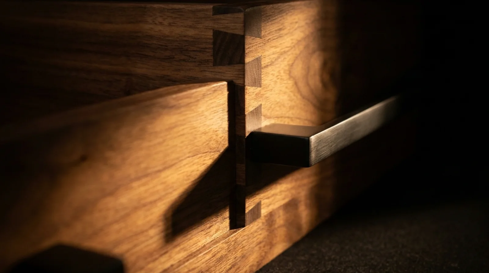 Macro detail of a hand-fitted dovetail joint in custom walnut cabinetry, showing Cesar & Cesar's finish quality