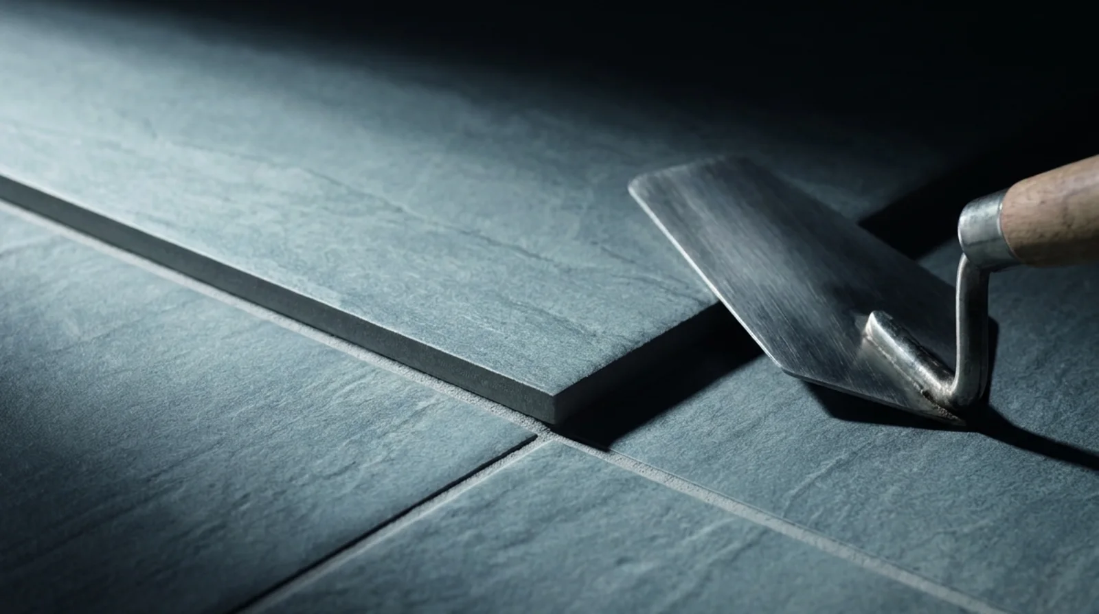 Close-up of a freshly set large-format tile corner with a trowel, finished by Cesar & Cesar Handyman