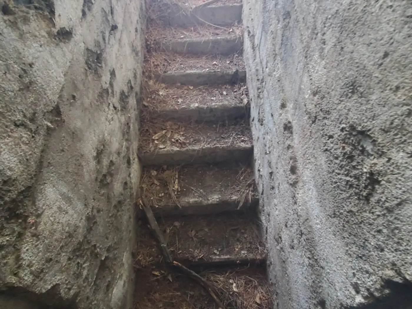 Before: Crumbling exterior basement stairs worn down to dirt and rubble