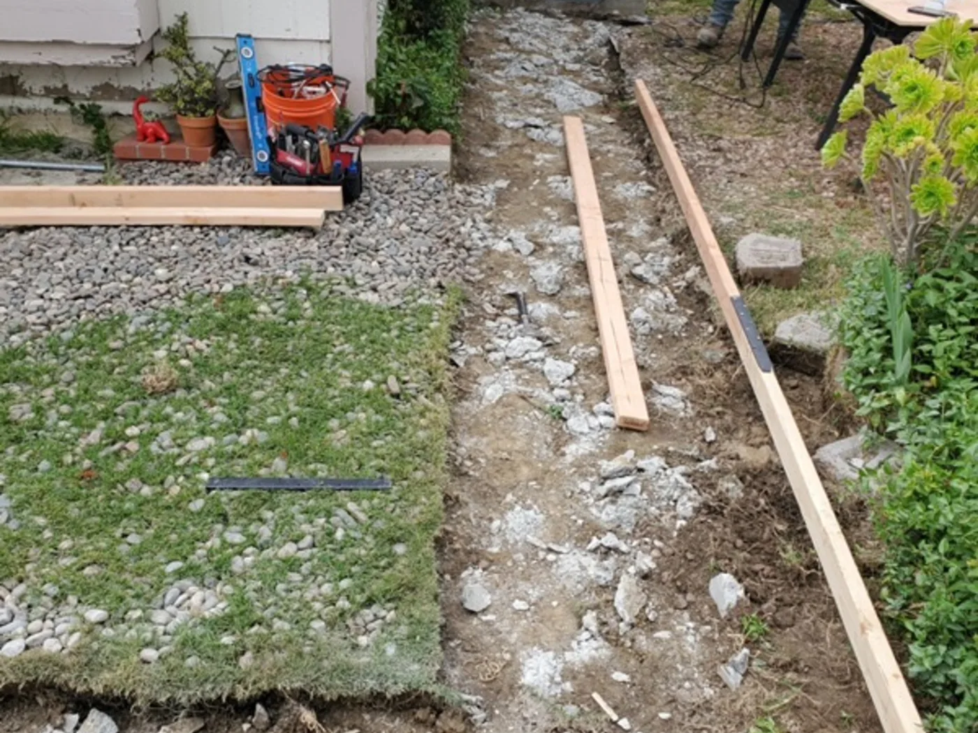 Before: Side yard dug out with wood forms set for a concrete pour